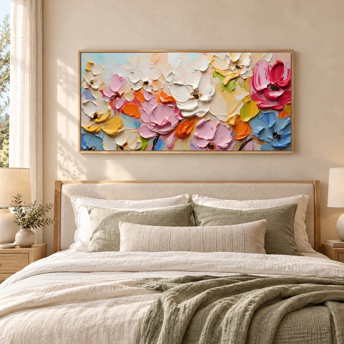 Petal Drift–Pastel Impasto Floral Painting MT#2602 — Wood Frame existing room preview
