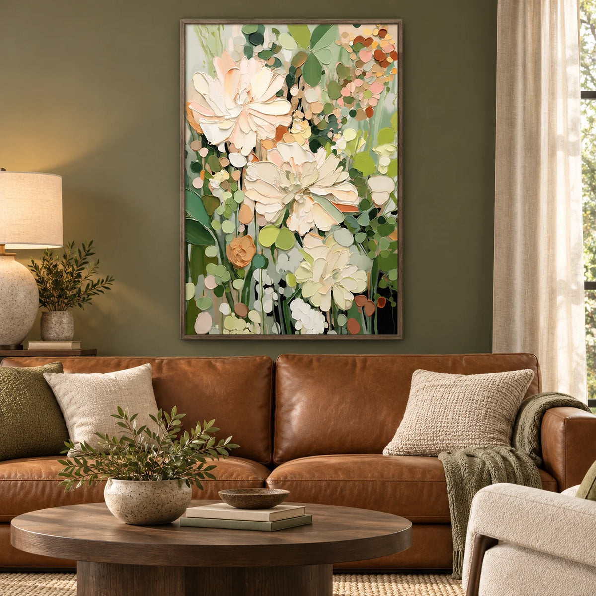 Cream Green Impasto Floral Painting MT#2603 — Dark Wood Frame existing room preview