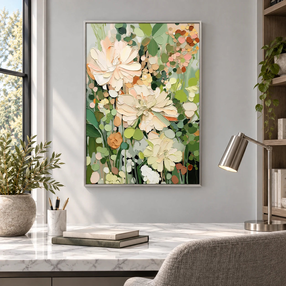Cream Green Impasto Floral Painting MT#2603 — Silver Frame existing room preview