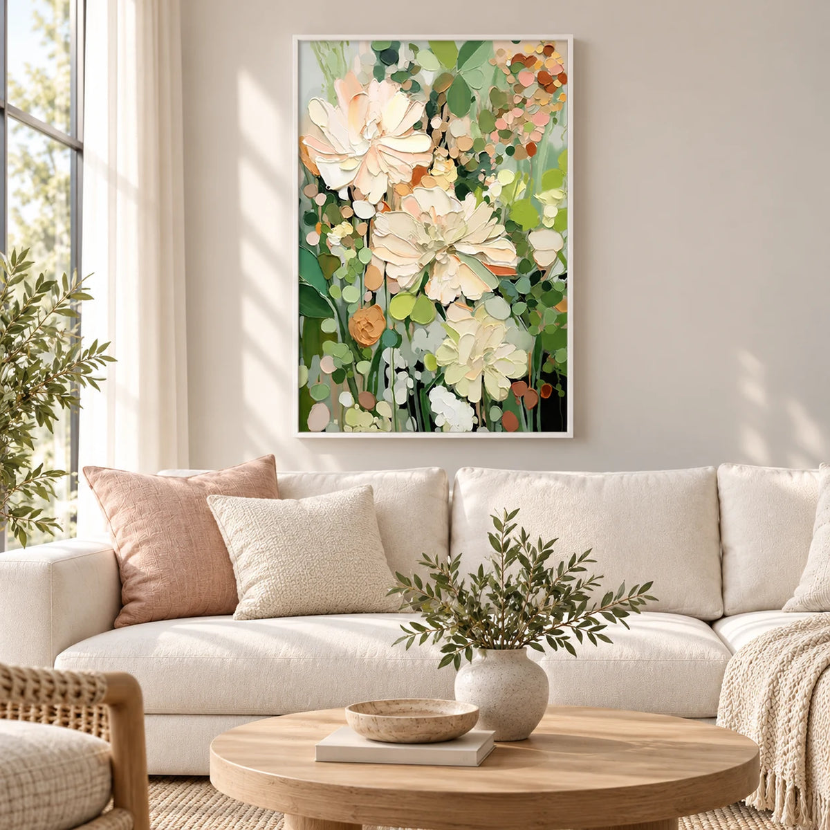 Cream Green Impasto Floral Painting MT#2603 — White Frame existing room preview