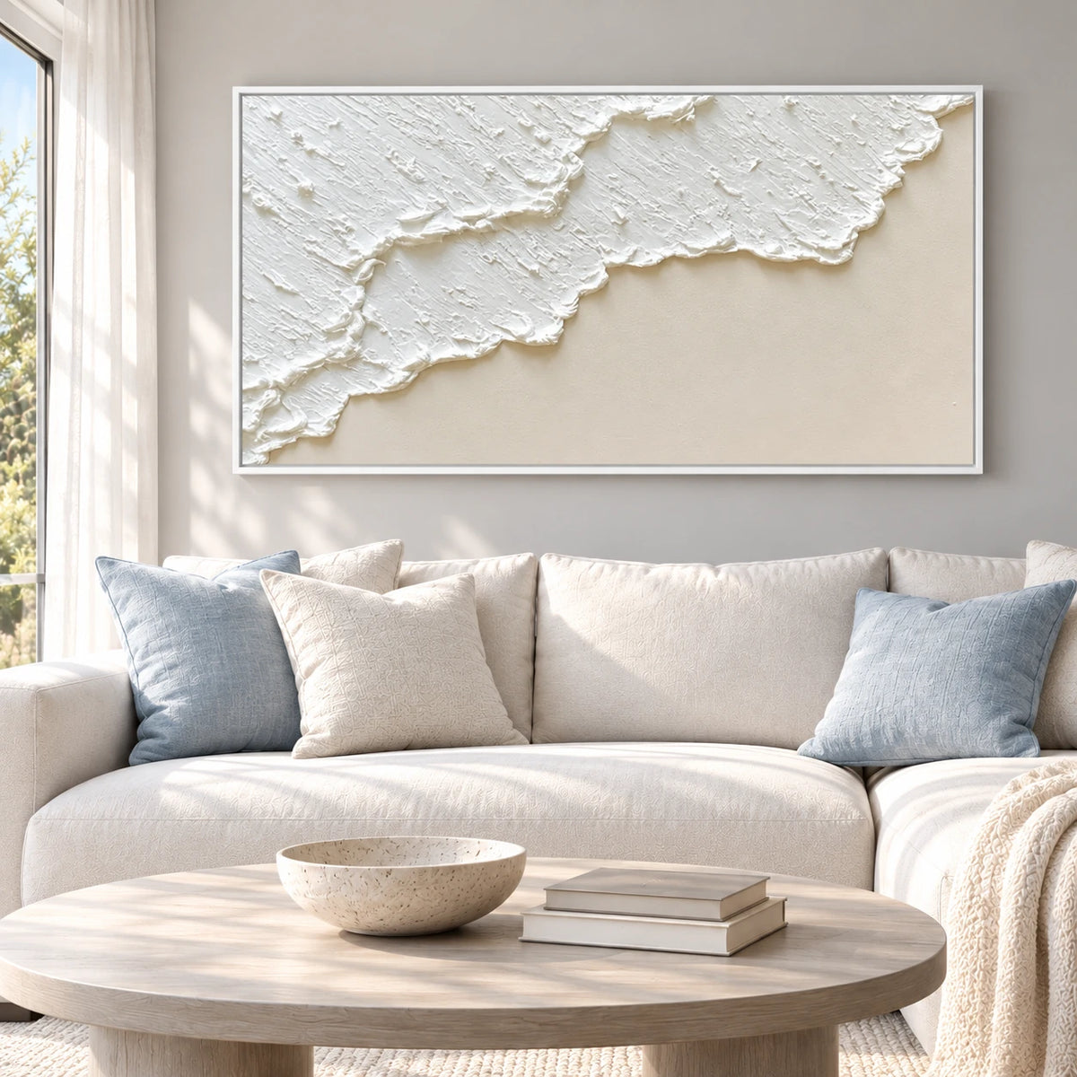 Minimal Textured Abstract Painting MT#2604 — White Frame existing room preview