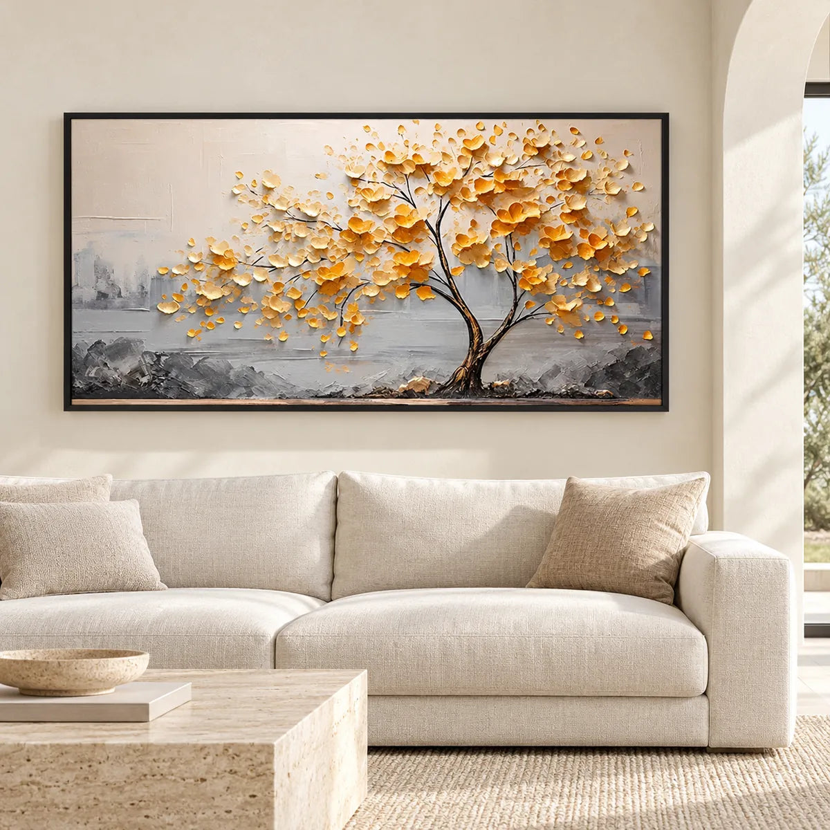 Same room with Amber Leaf Tree Textured Painting MT#2605 in Black Frame