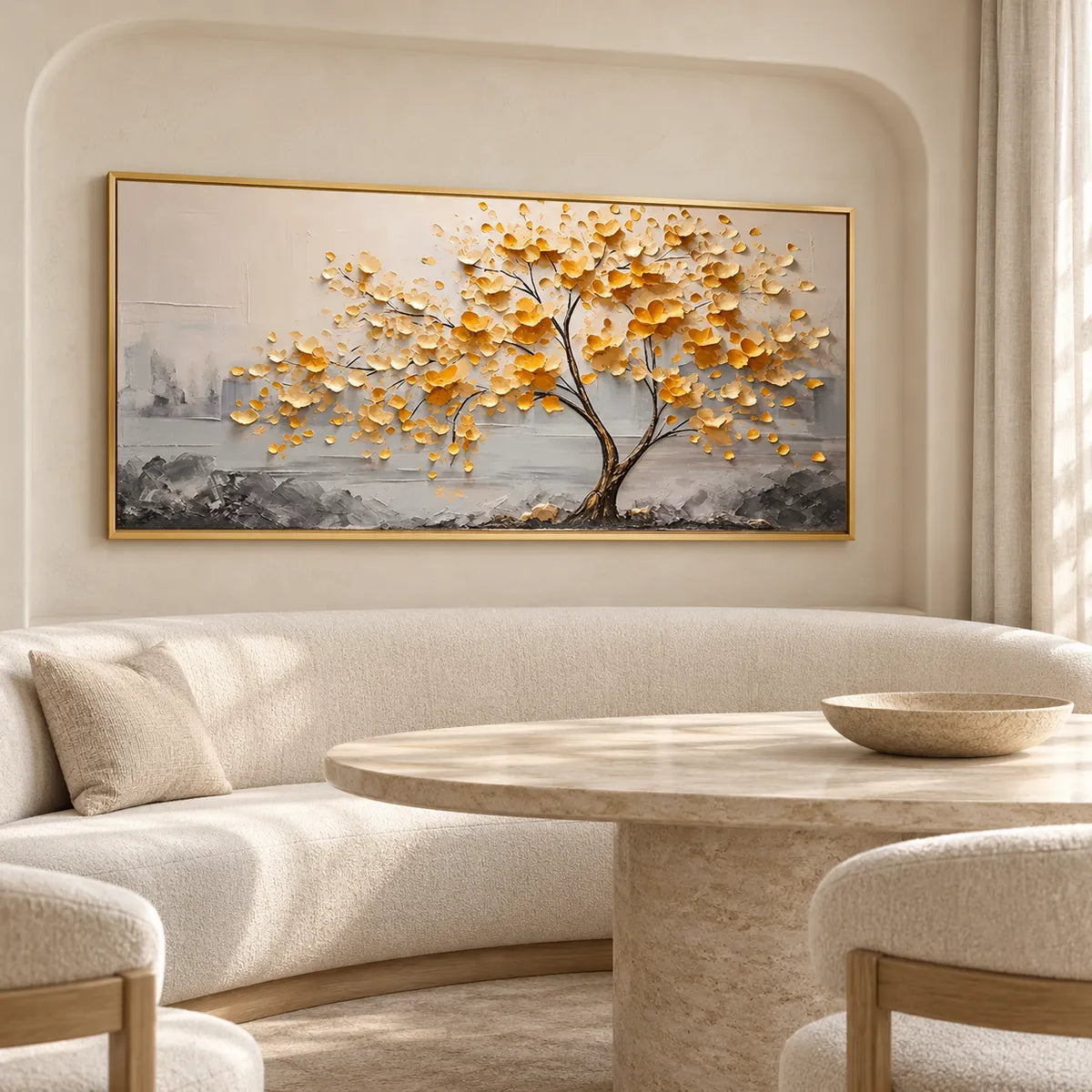 Amber Leaf Tree Textured Painting MT#2605 — Gold Frame existing room preview