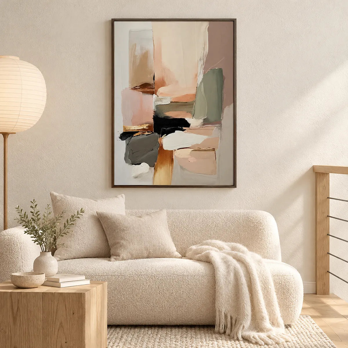 Neutral Modern Abstract Painting MT#2608 — Dark Wood Frame existing room preview