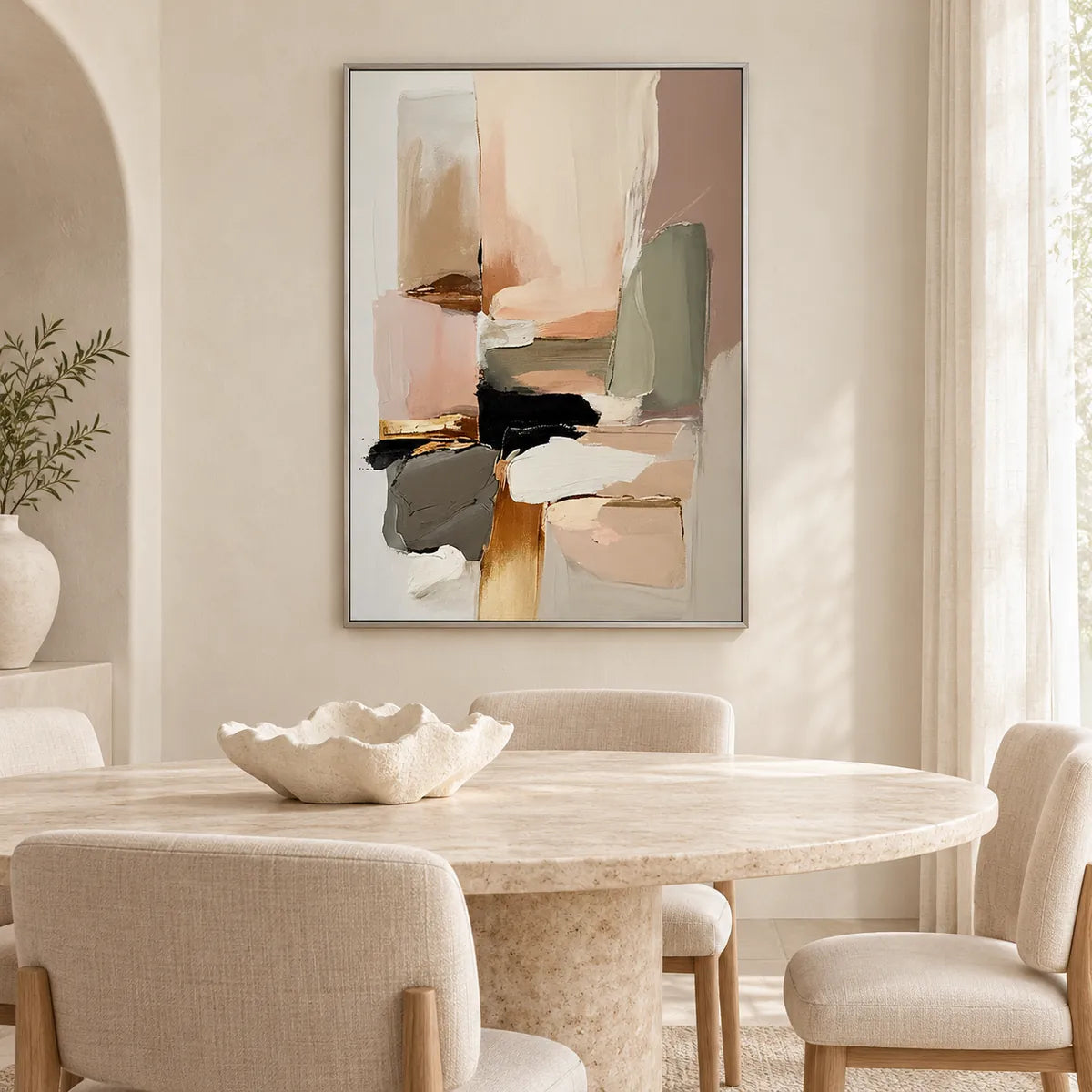 Neutral Modern Abstract Painting MT#2608 — Silver Frame existing room preview