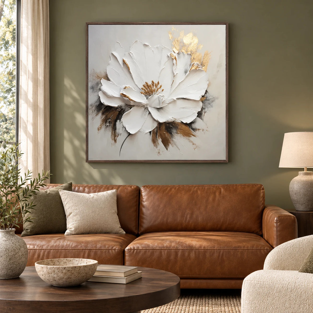 White & Gold Textured Floral Painting MT#2610 — Dark Wood Frame existing room preview