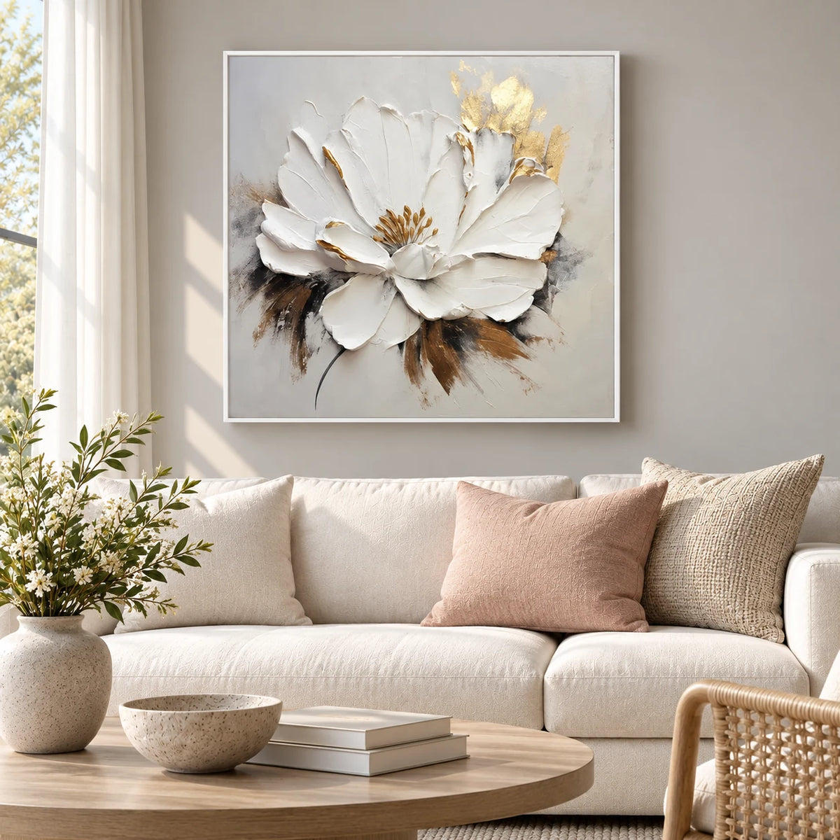 White & Gold Textured Floral Painting MT#2610 — White Frame existing room preview