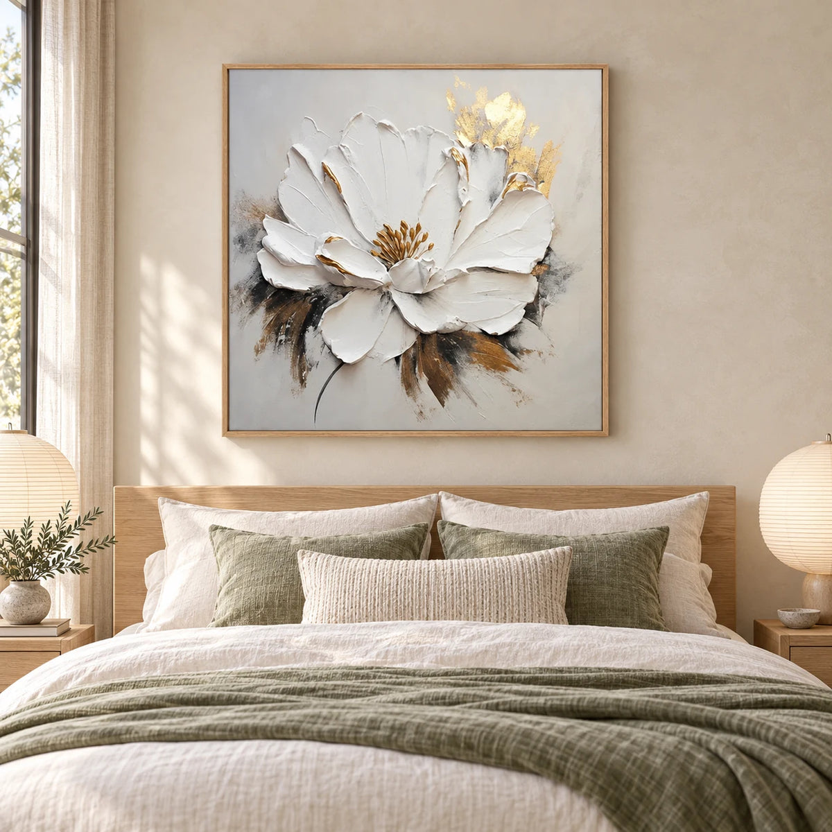 White & Gold Textured Floral Painting MT#2610 — Wood Frame existing room preview