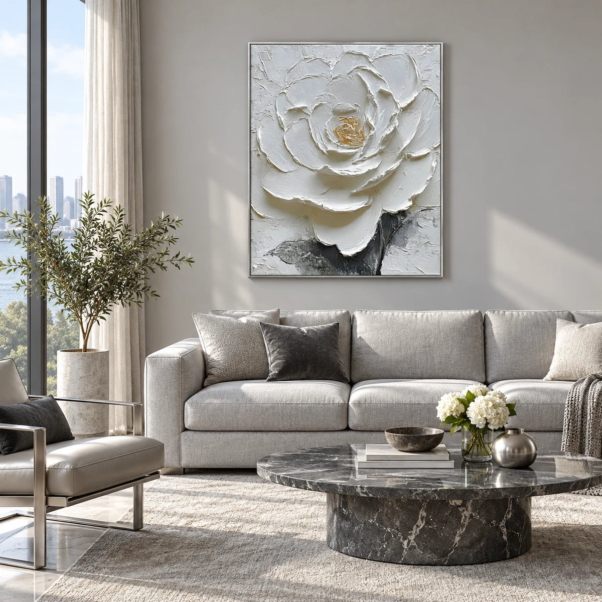 Sculpted White Floral Painting MT#2611 — Silver Frame existing room preview