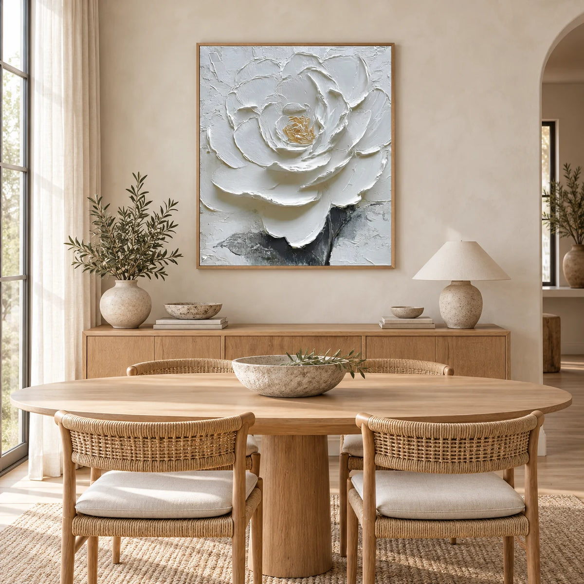 Sculpted White Floral Painting MT#2611 — Wood Frame existing room preview