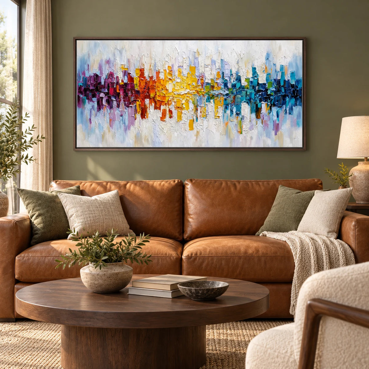 Multicolor Impasto Abstract Painting MT#2613 — Dark Wood Frame existing room preview