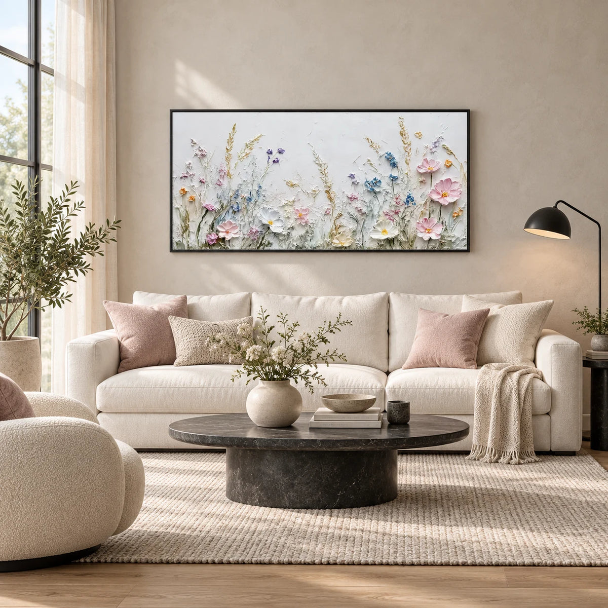 Same room with Soft Pastel Floral Painting MT#2614 in Black Frame