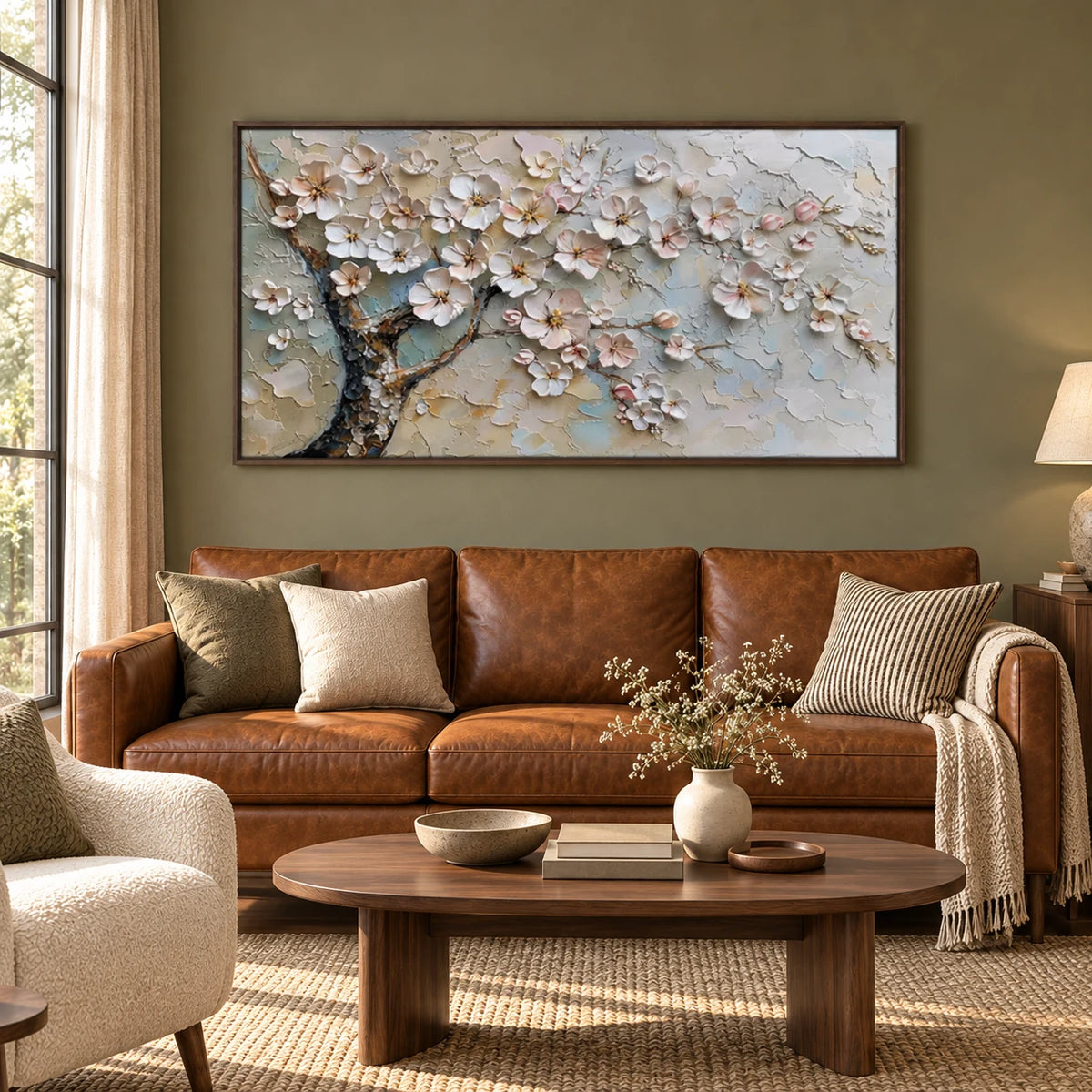 Blossom Branch Textured Painting MT#2615 — Dark Wood Frame existing room preview
