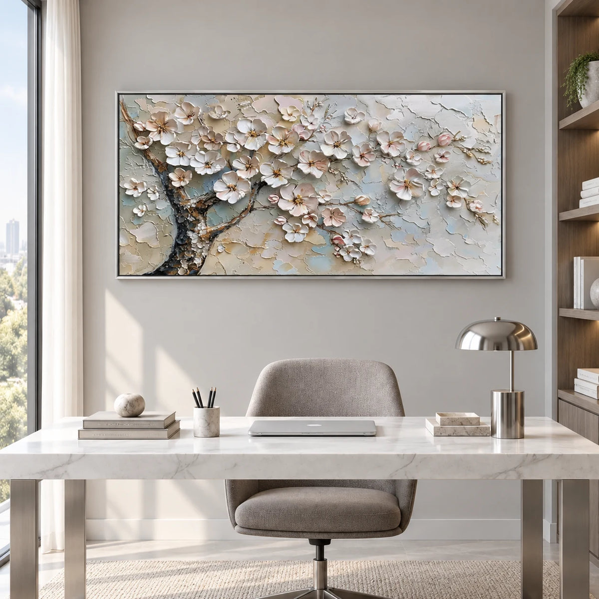 Blossom Branch Textured Painting MT#2615 — Silver Frame existing room preview