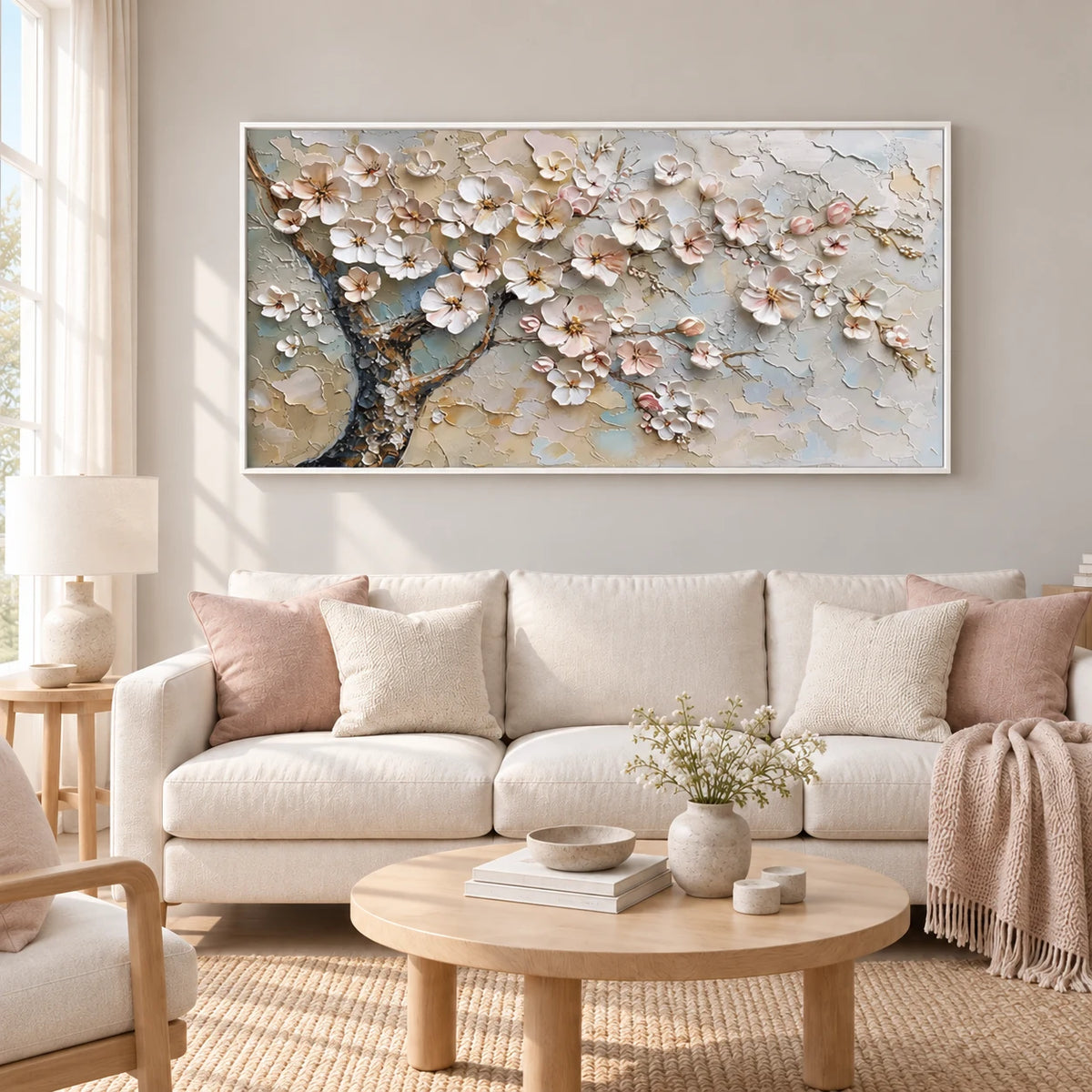 Blossom Branch Textured Painting MT#2615 — White Frame existing room preview