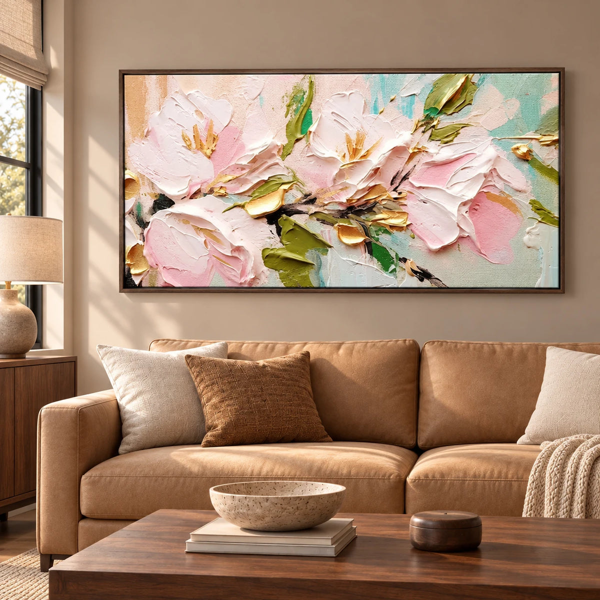 Pastel Floral Abstract Painting MT#2618 — Dark Wood Frame existing room preview