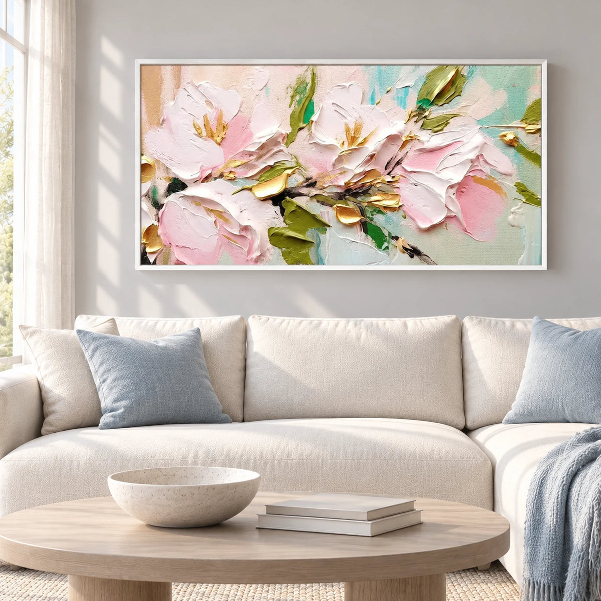 Pastel Floral Abstract Painting MT#2618 — White Frame existing room preview