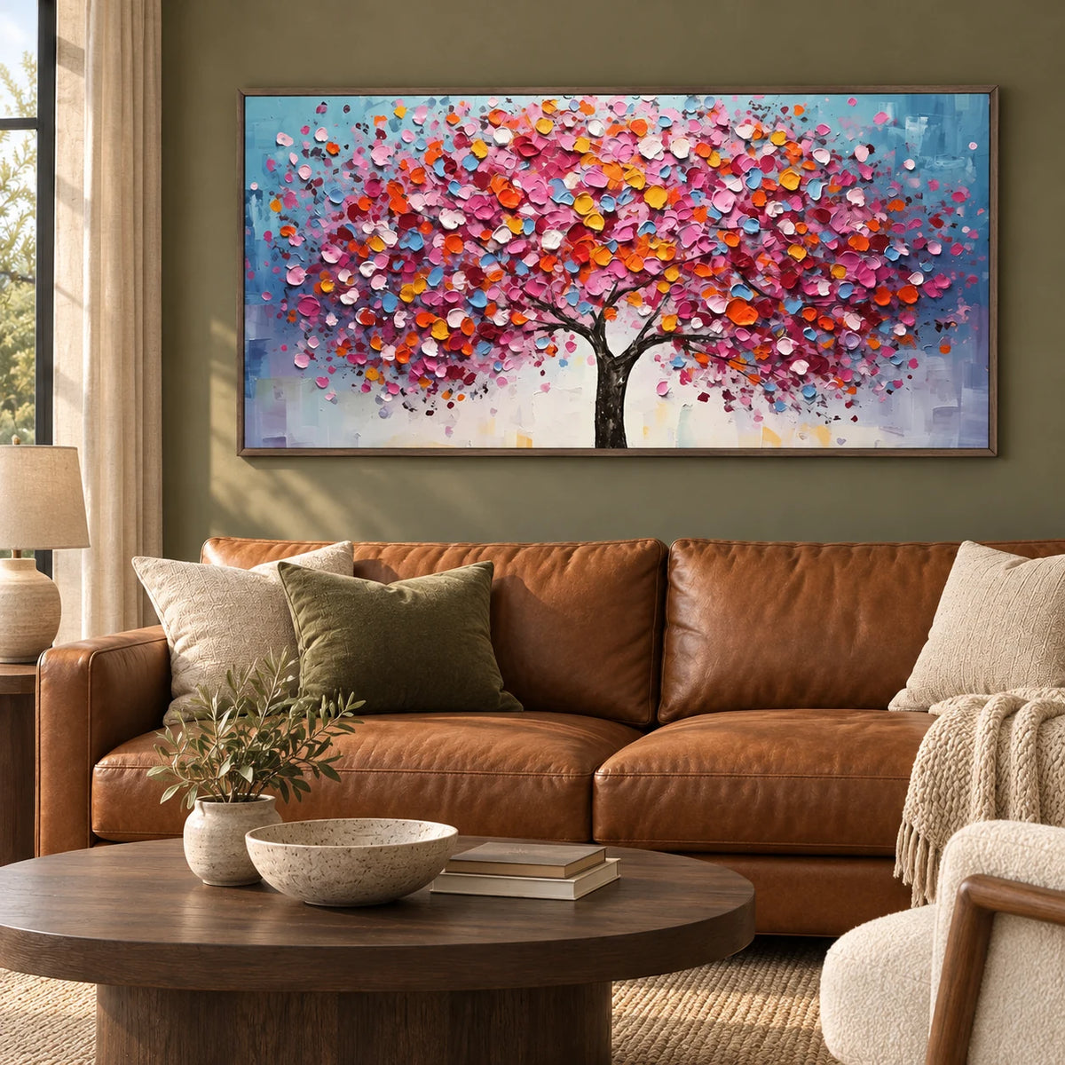 Colorful Tree Abstract Painting MT#2619 — Dark Wood Frame existing room preview