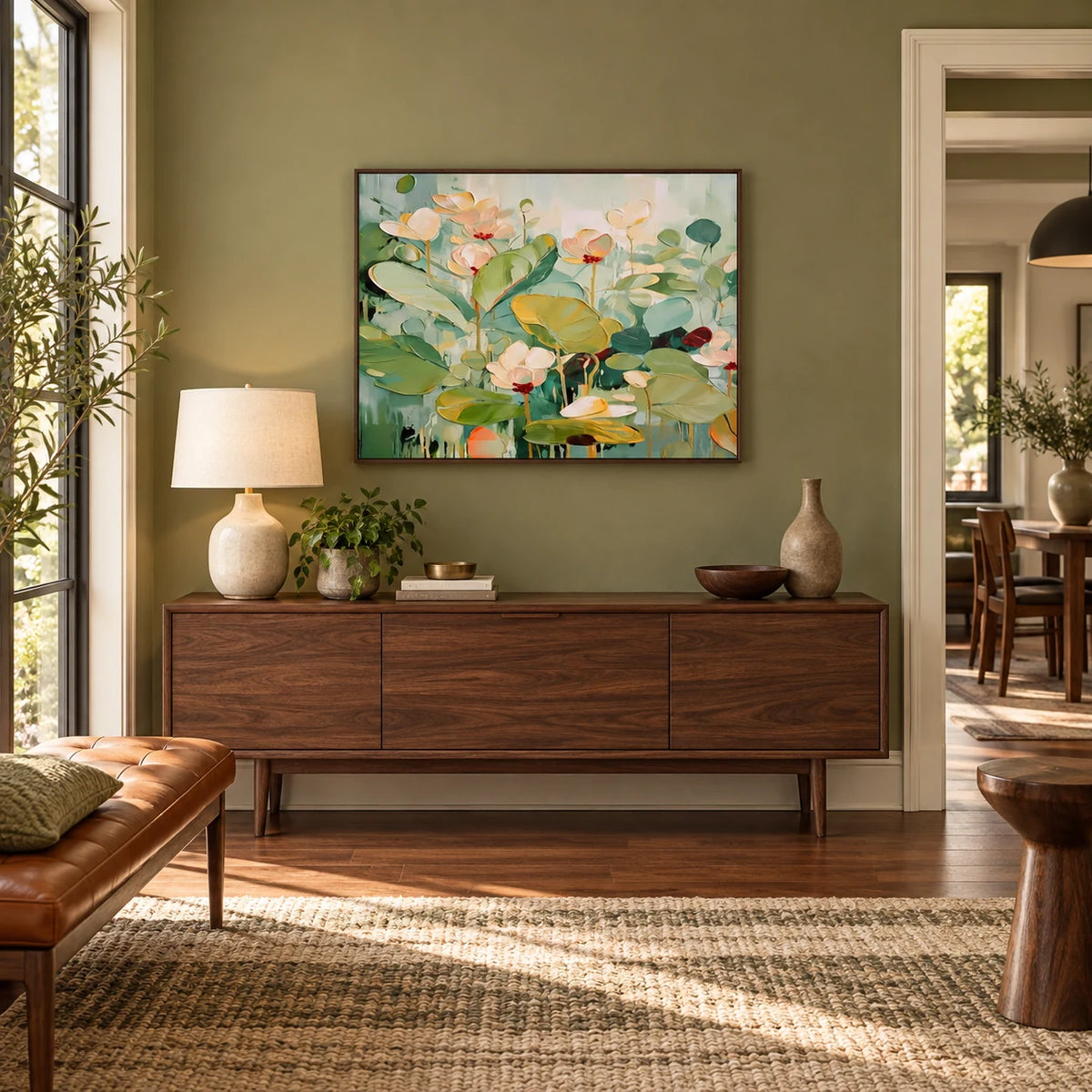 Green Floral Abstract Painting MT#2621 — Dark Wood Frame existing room preview