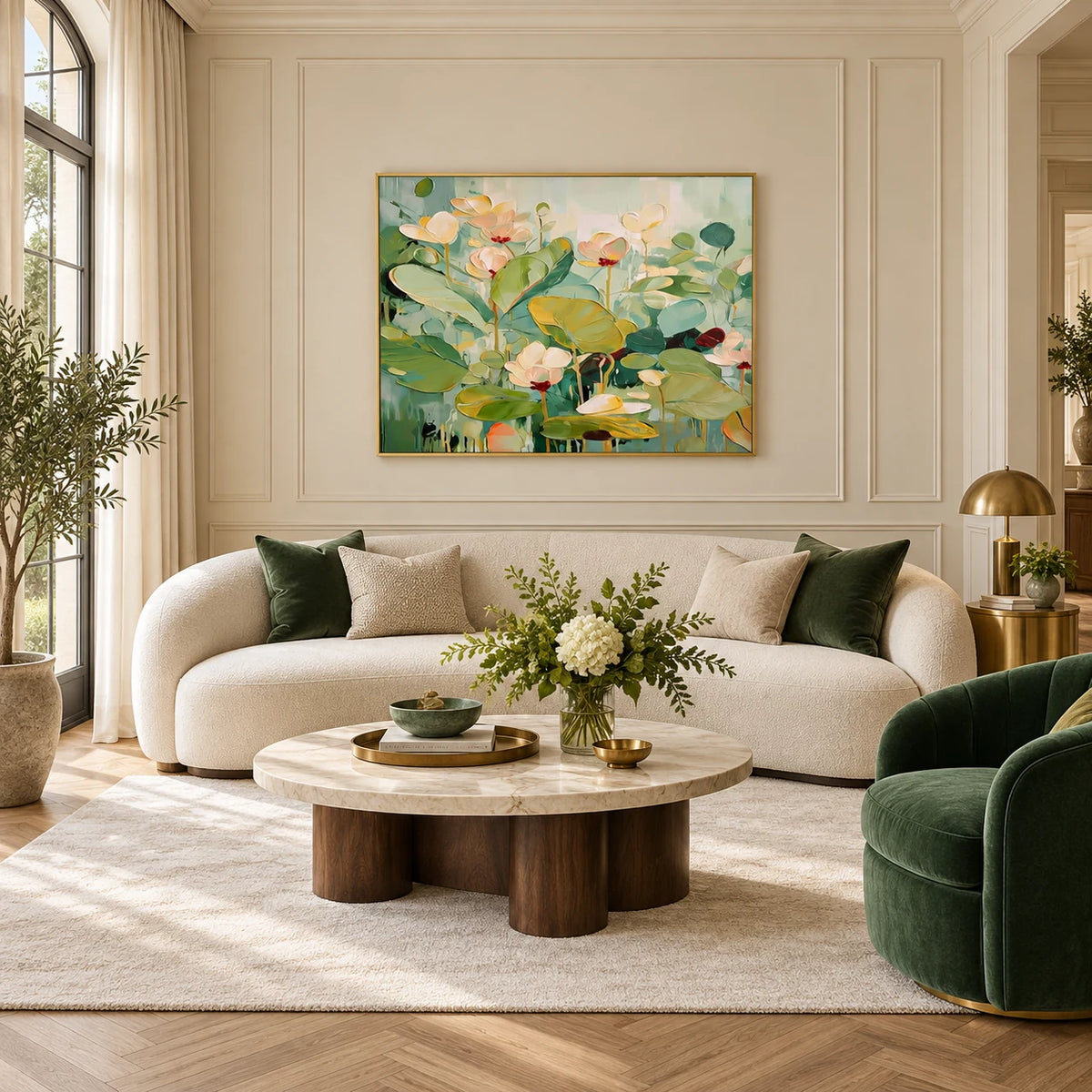 Green Floral Abstract Painting MT#2621 — Gold Frame existing room preview
