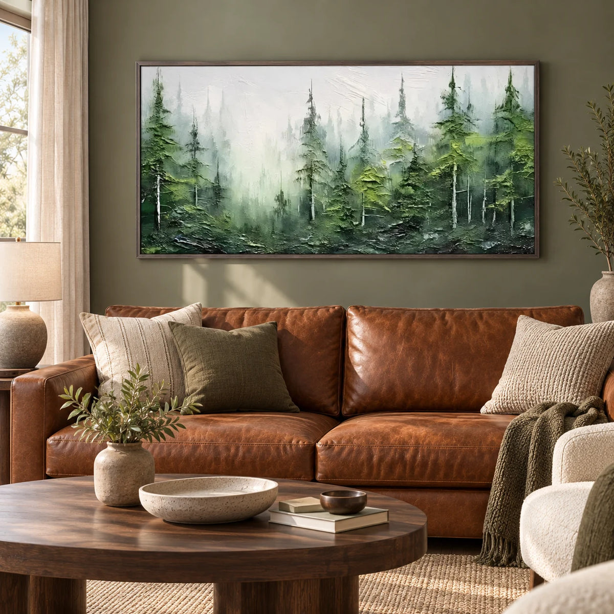Green Abstract Landscape Painting MT#2622 — Dark Wood Frame existing room preview