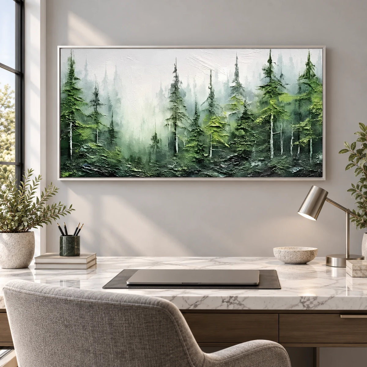 Green Abstract Landscape Painting MT#2622 — Silver Frame existing room preview