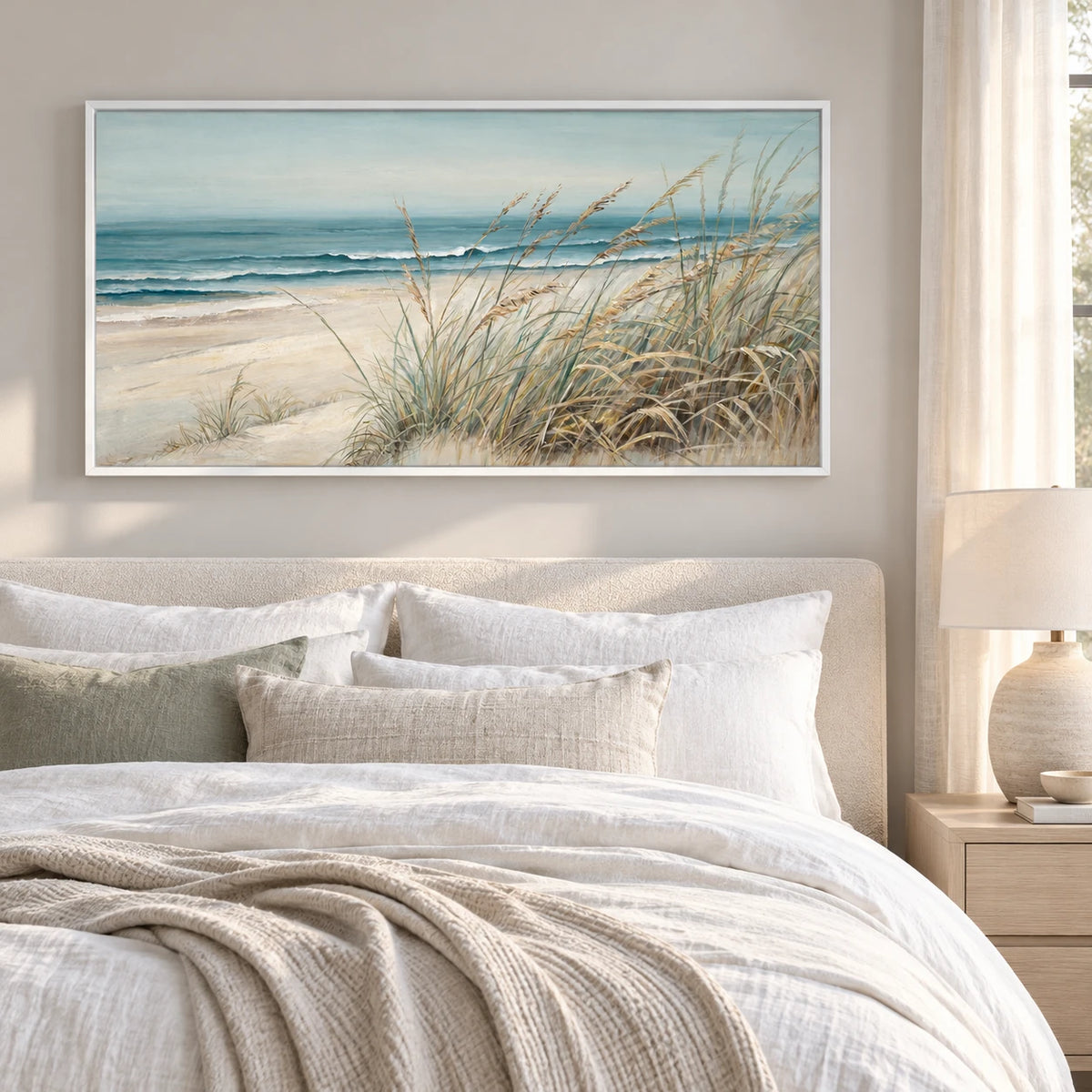 Soft Blue Beach Landscape Painting MT#2623 — White Frame existing room preview