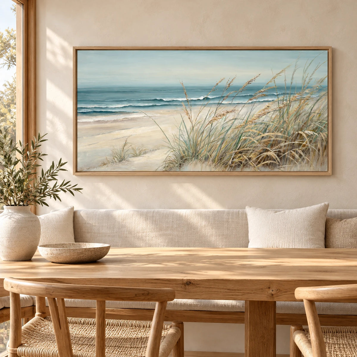 Soft Blue Beach Landscape Painting MT#2623 — Wood Frame existing room preview