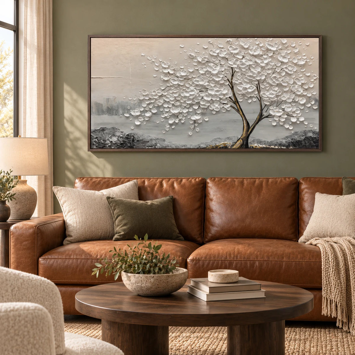 White Textured Abstract Tree Painting MT#2625 — Dark Wood Frame existing room preview