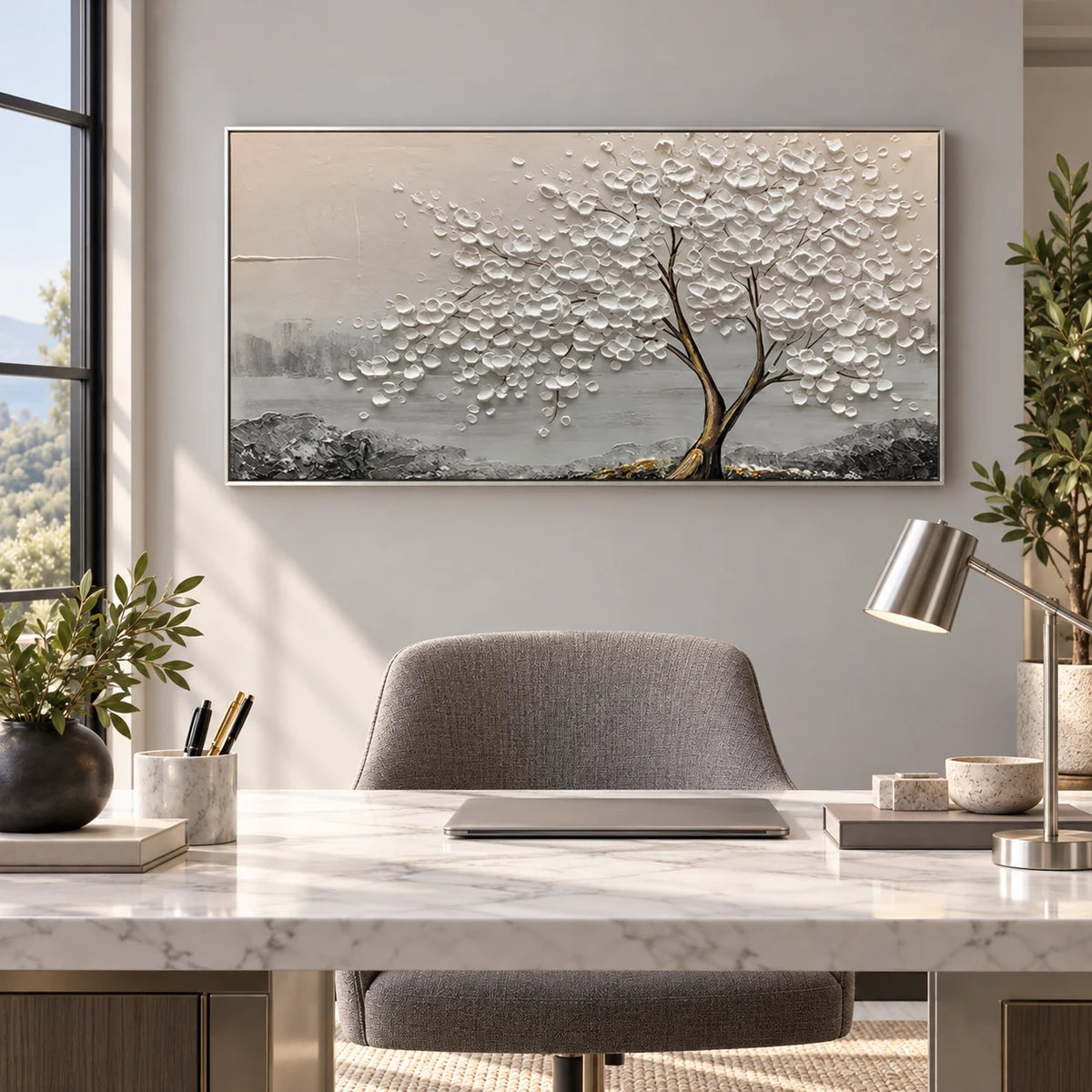 White Textured Abstract Tree Painting MT#2625 — Silver Frame existing room preview