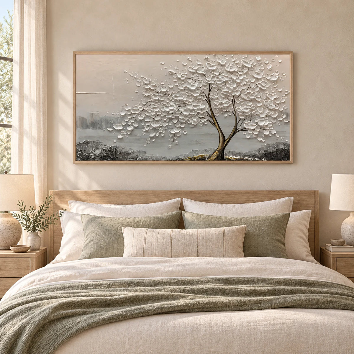 White Textured Abstract Tree Painting MT#2625 — Wood Frame existing room preview