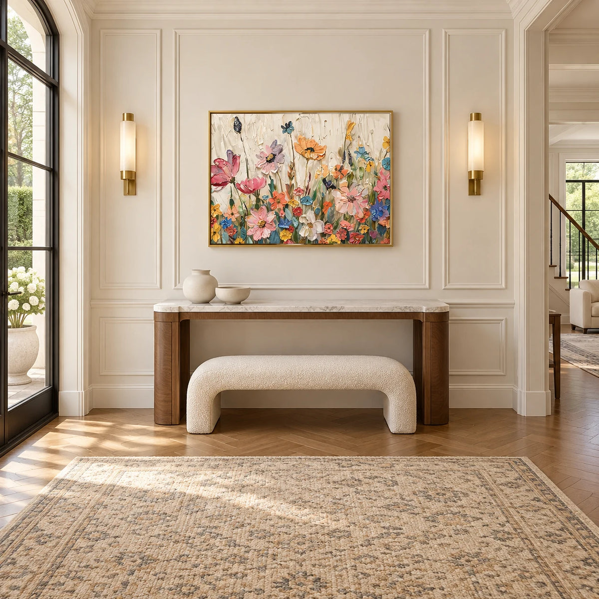 Pastel Floral Abstract Painting MT#2626 — Gold Frame existing room preview