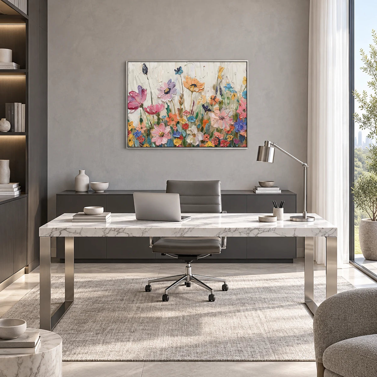 Pastel Floral Abstract Painting MT#2626 — Silver Frame existing room preview