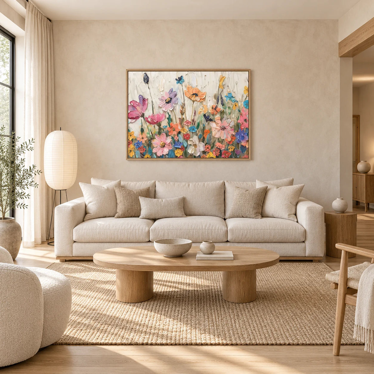 Pastel Floral Abstract Painting MT#2626 — Wood Frame existing room preview