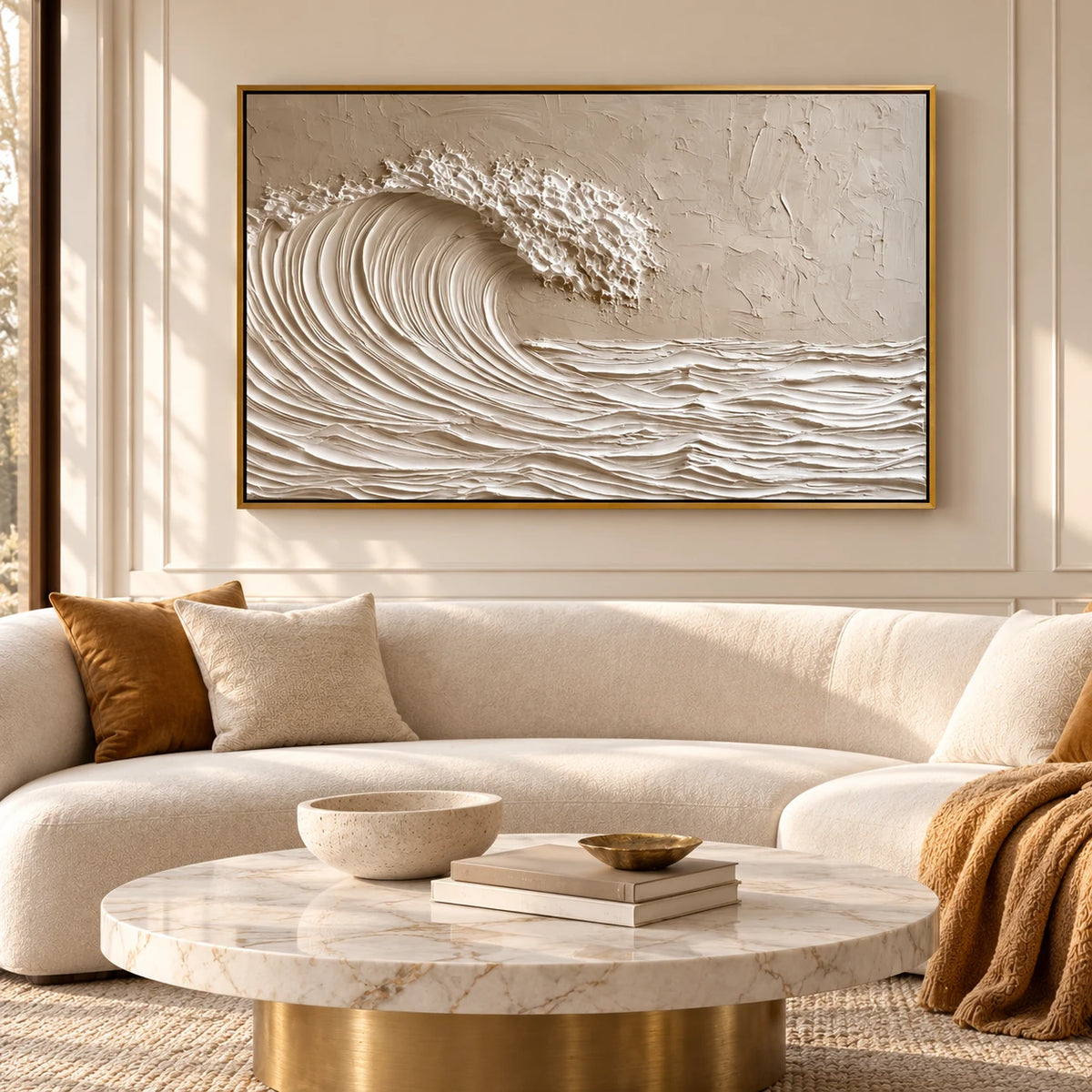 Minimalist Wave Abstract Painting MT#2627 — Gold Frame existing room preview