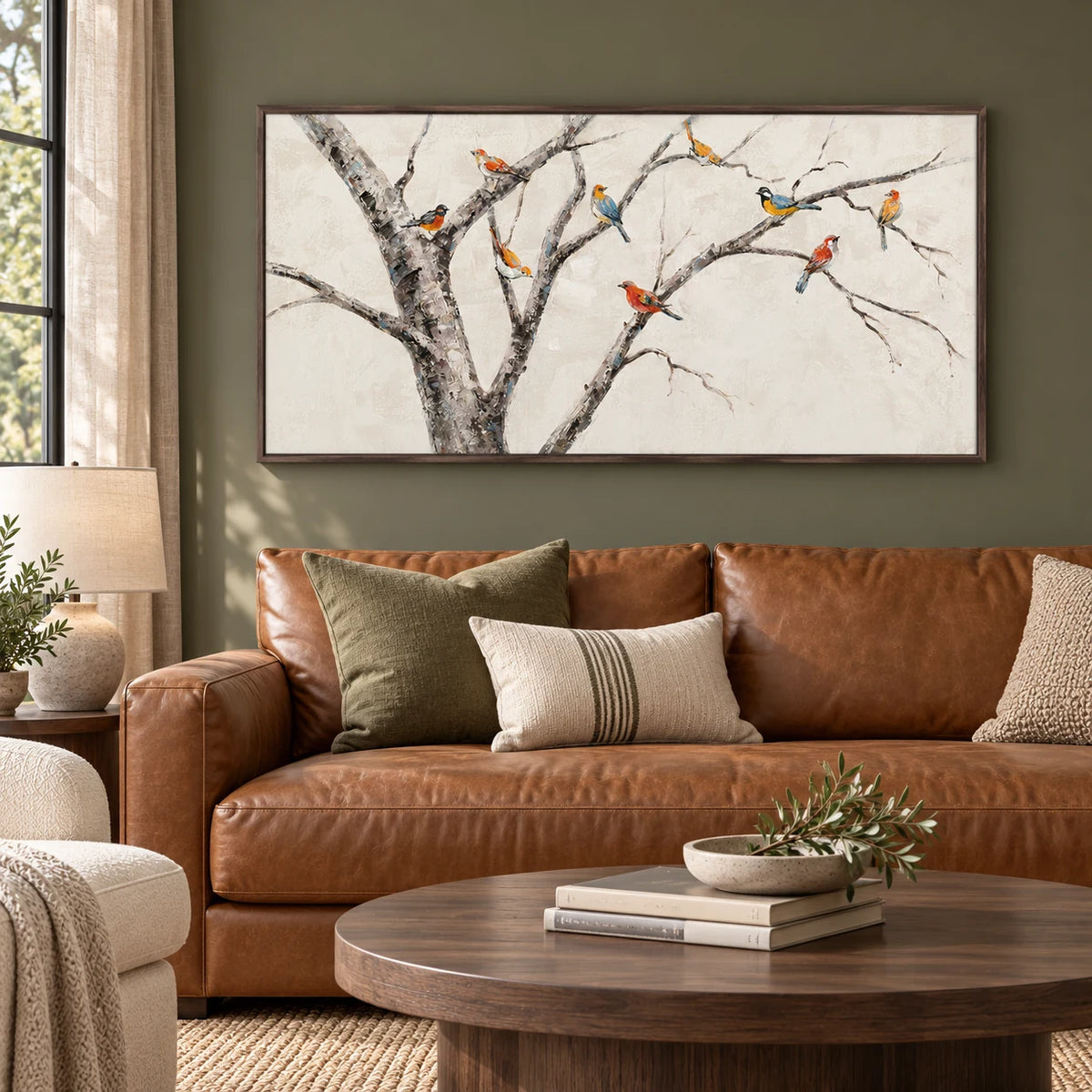 Minimalist Birds on Branches Painting MT#2628 — Dark Wood Frame existing room preview