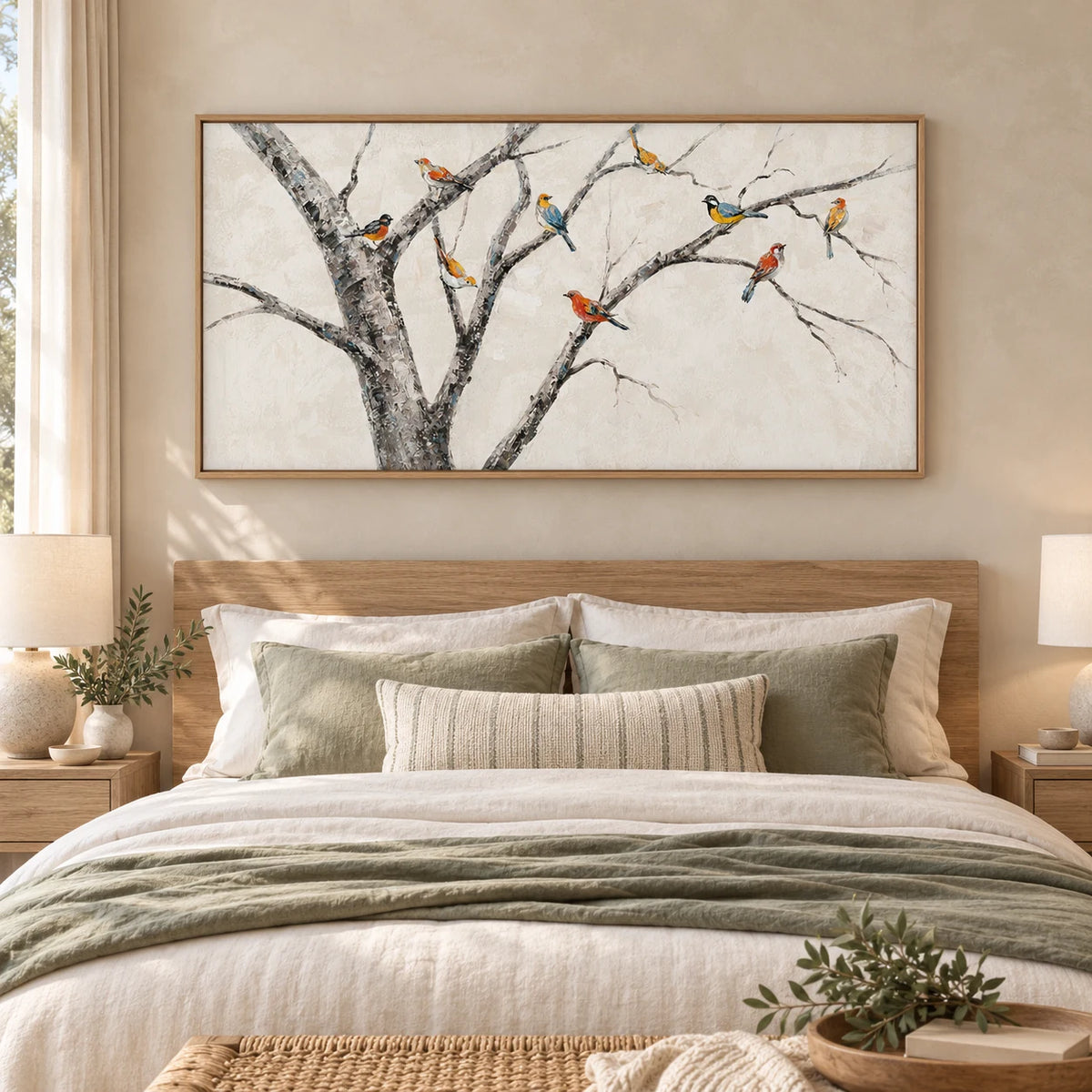 Minimalist Birds on Branches Painting MT#2628 — Wood Frame existing room preview