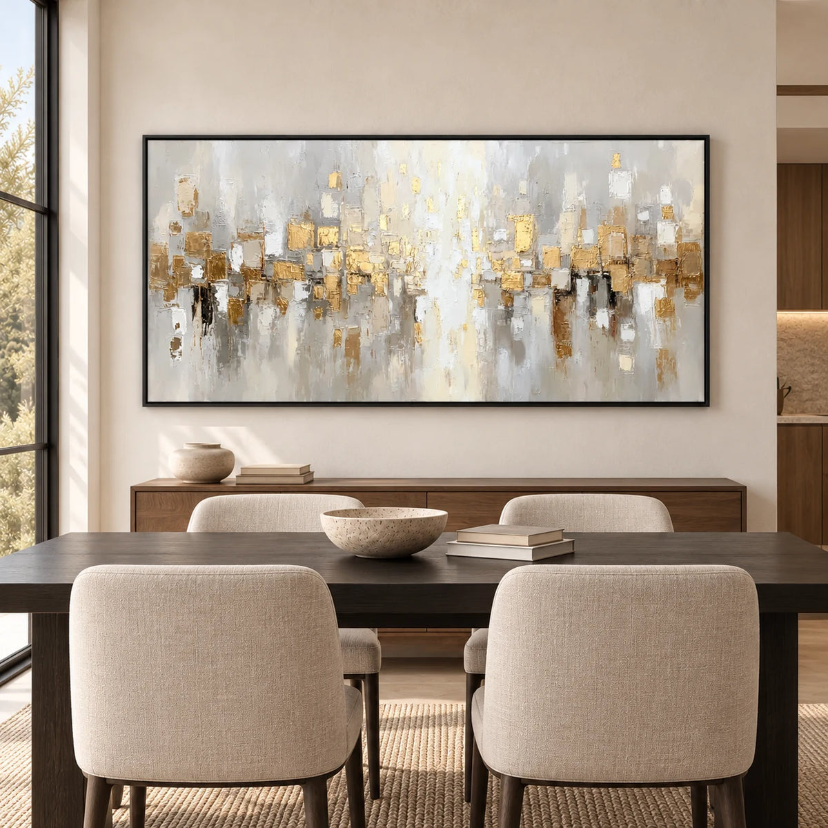 Same room with Neutral Abstract Cityscape Painting MT#2629 in Black Frame