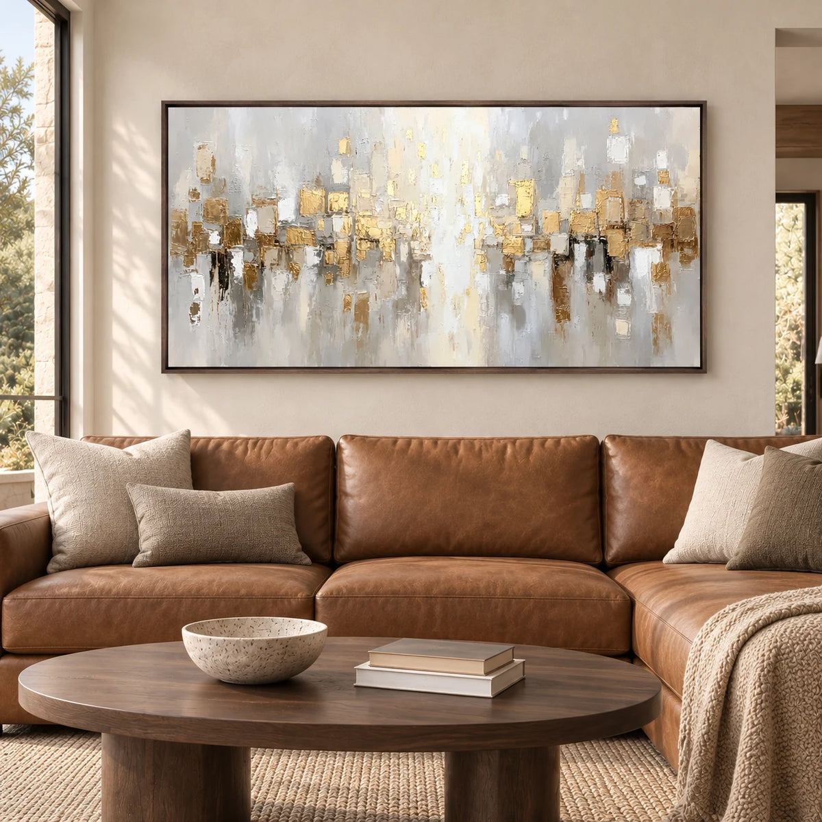 Neutral Abstract Cityscape Painting MT#2629 — Dark Wood Frame existing room preview