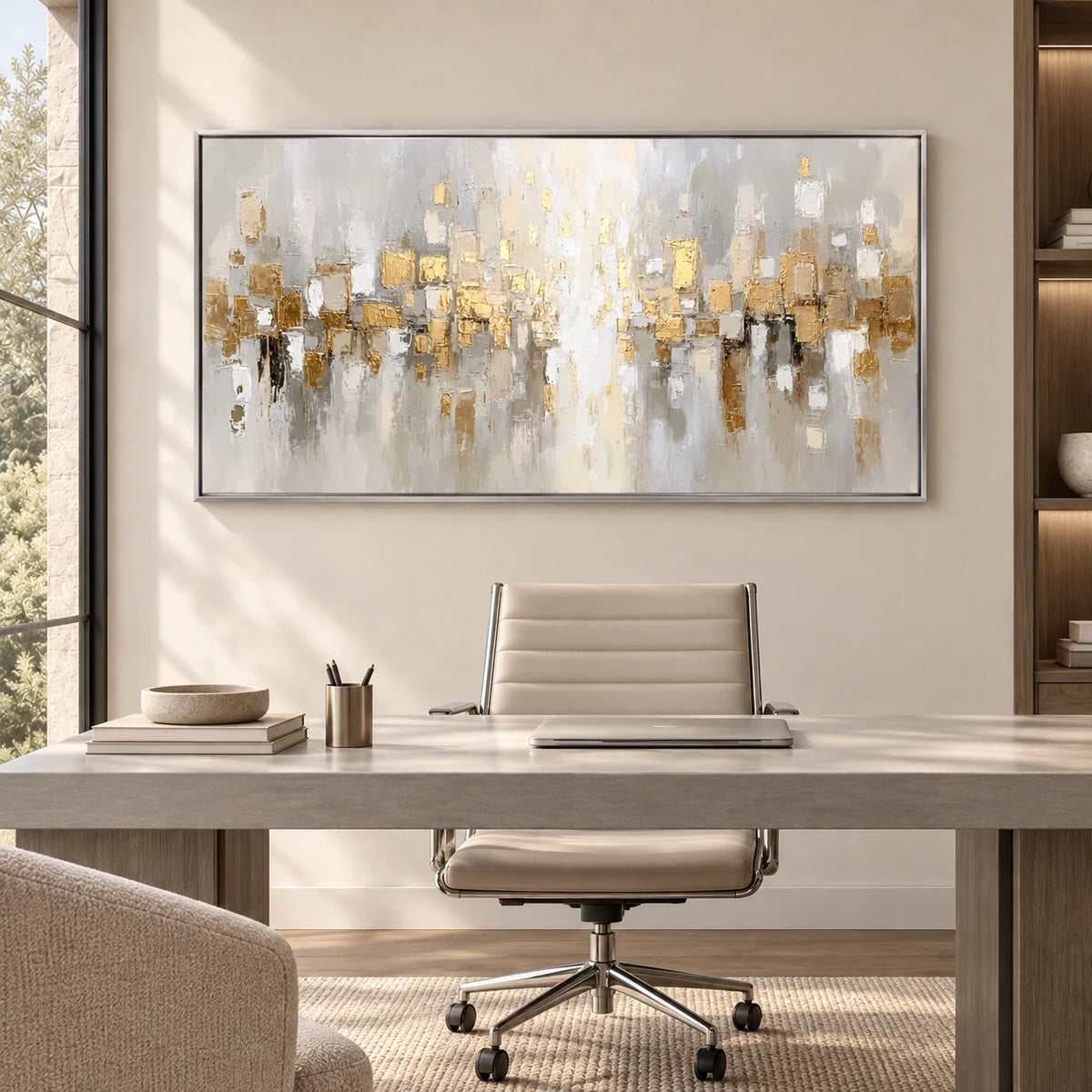 Neutral Abstract Cityscape Painting MT#2629 — Silver Frame existing room preview