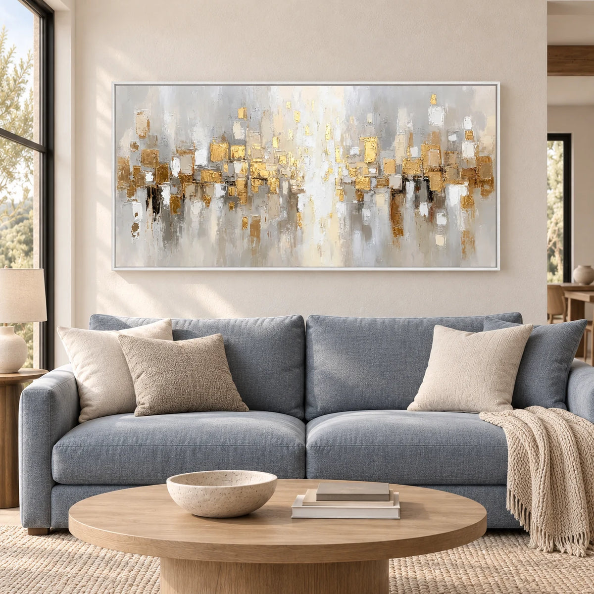 Neutral Abstract Cityscape Painting MT#2629 — White Frame existing room preview