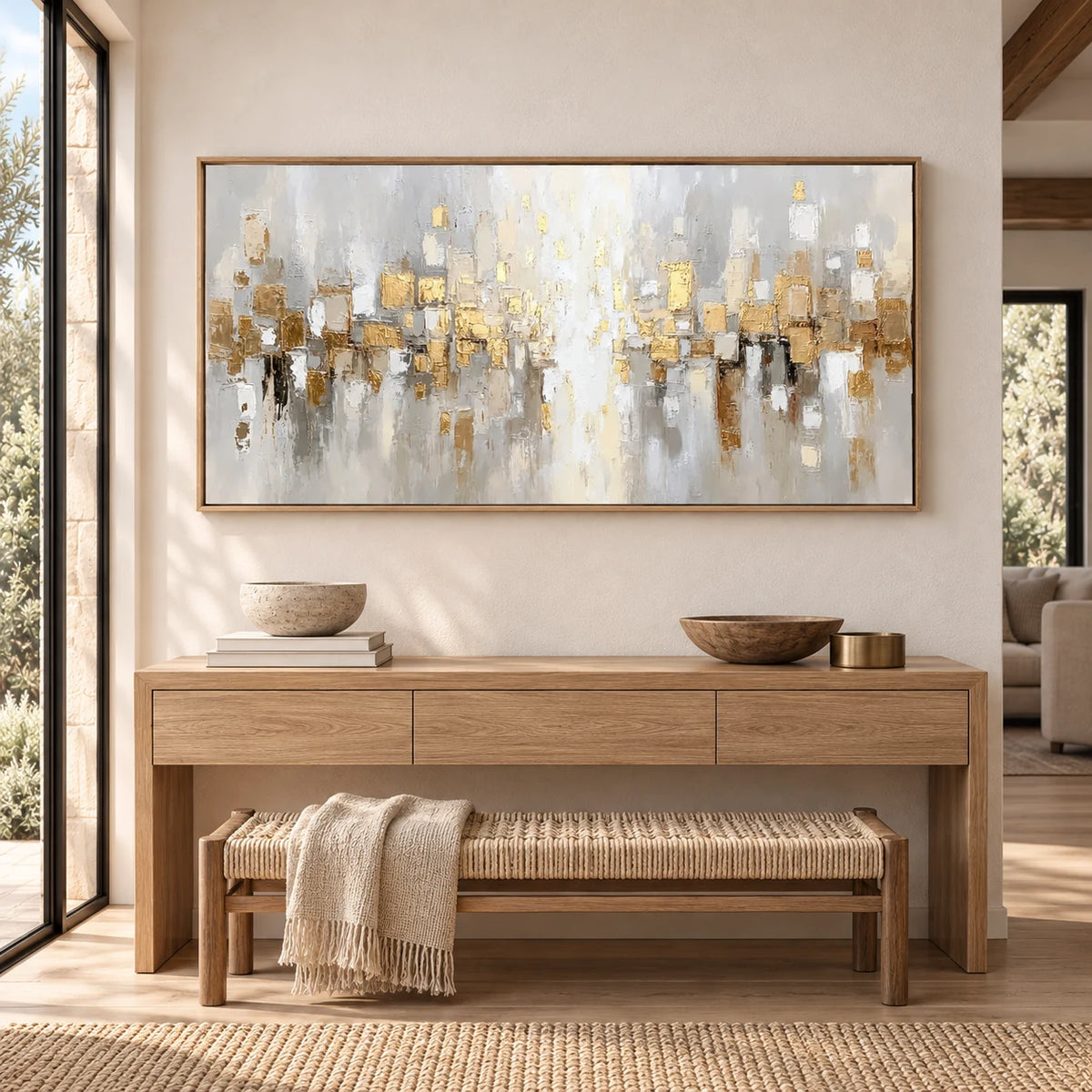 Neutral Abstract Cityscape Painting MT#2629 — Wood Frame existing room preview
