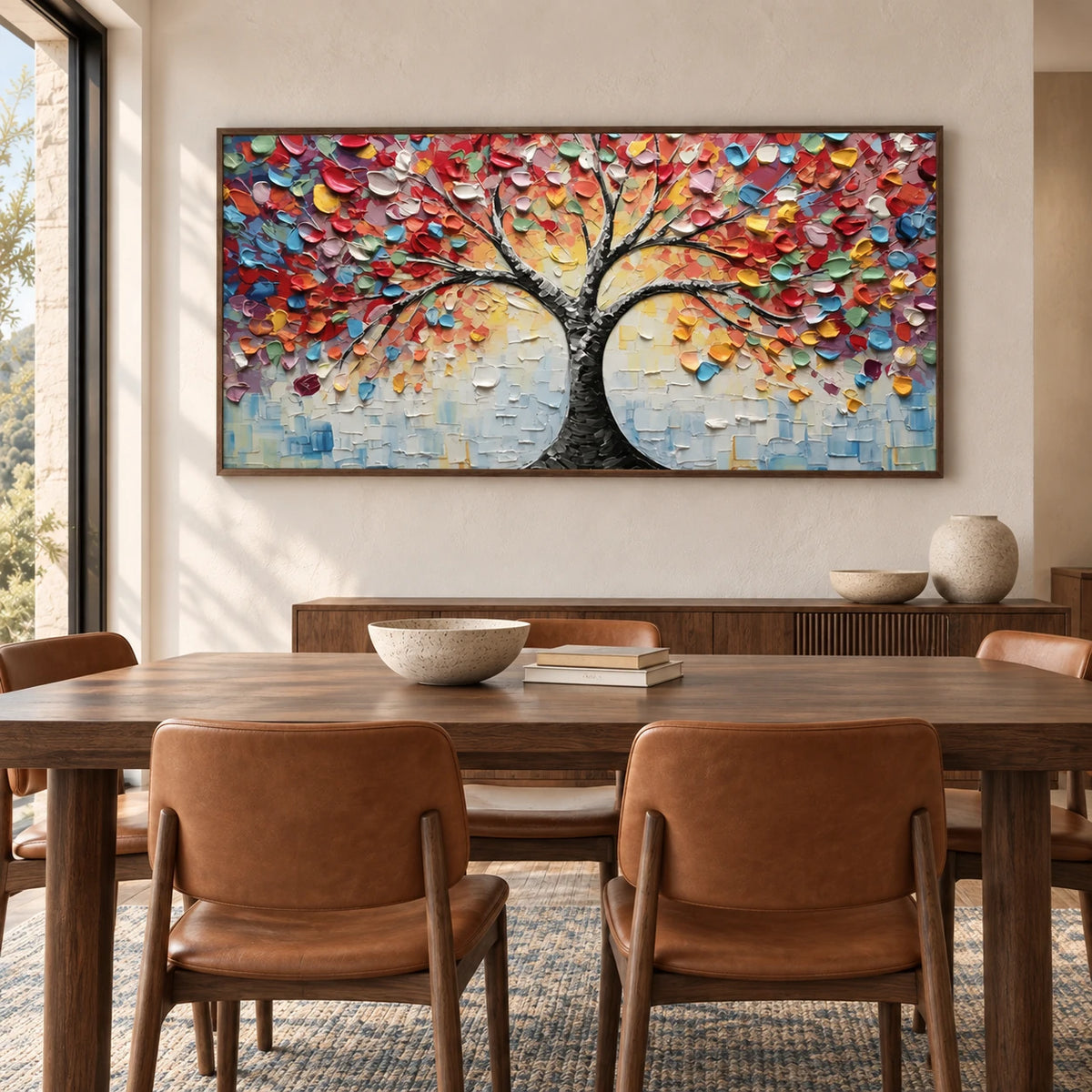 Colorful Tree Abstract Painting MT#2632 — Dark Wood Frame existing room preview