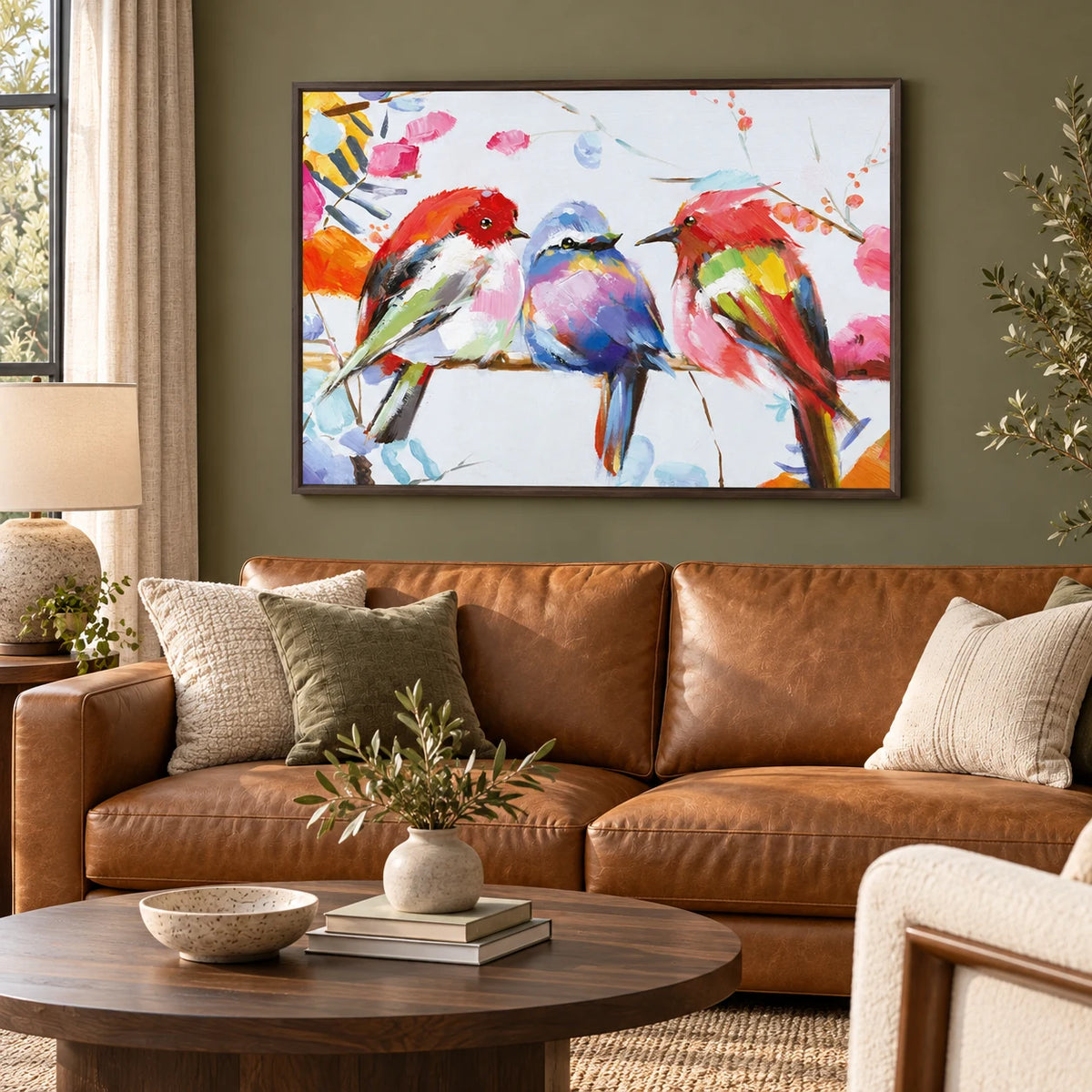 Colorful Birds Abstract Painting MT#2633 — Dark Wood Frame existing room preview