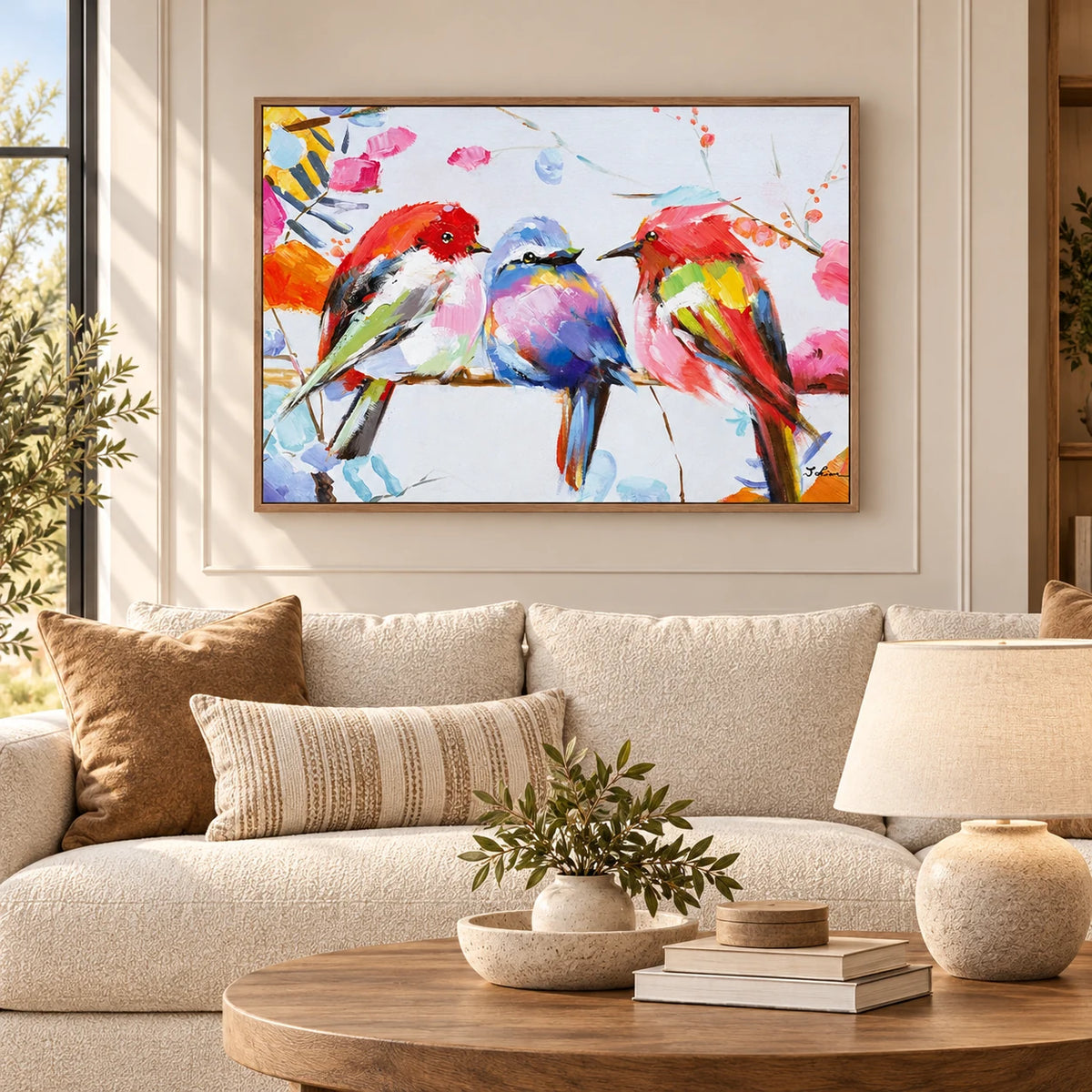 Colorful Birds Abstract Painting MT#2633 — Light Coffee Frame existing room preview