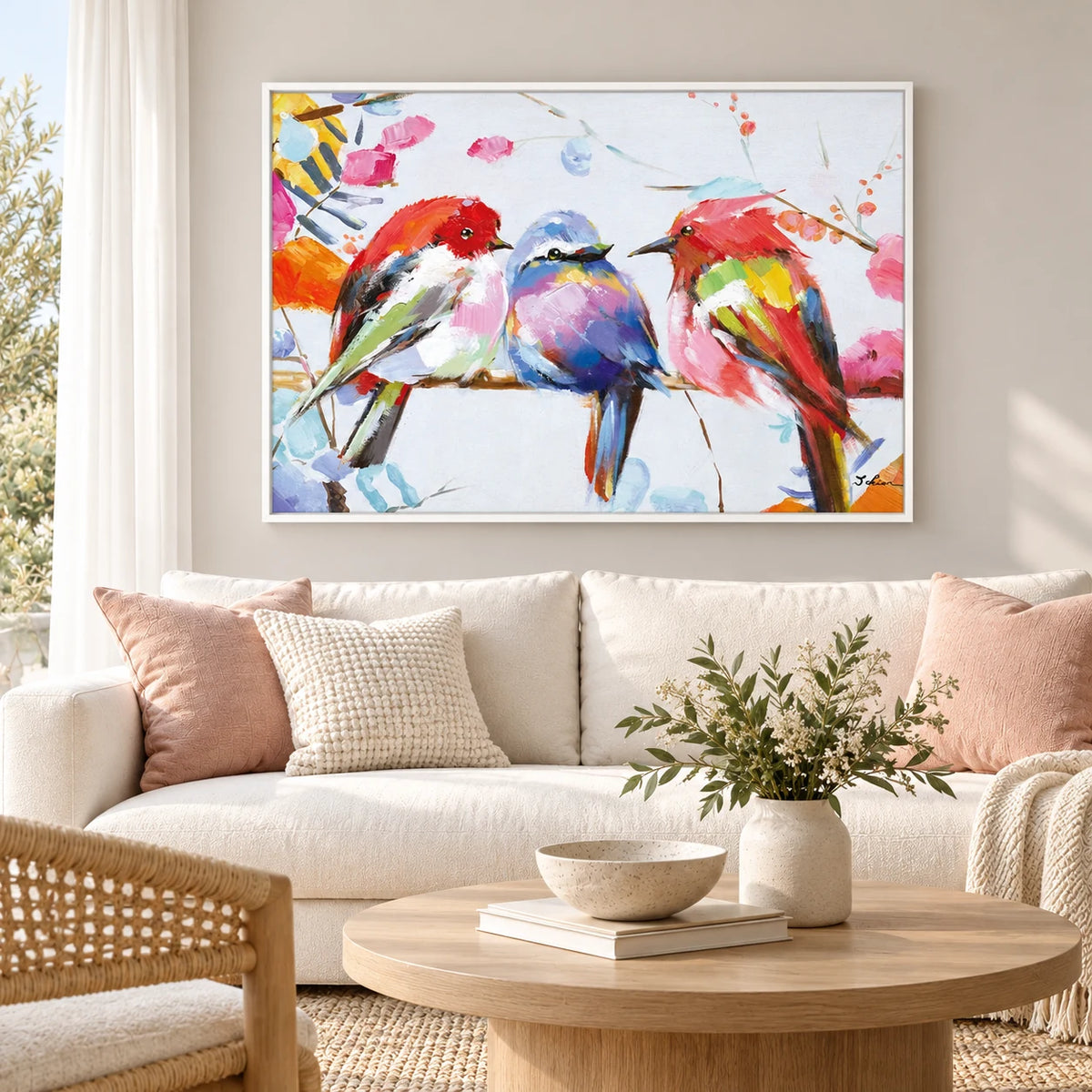 Colorful Birds Abstract Painting MT#2633 — White Frame existing room preview