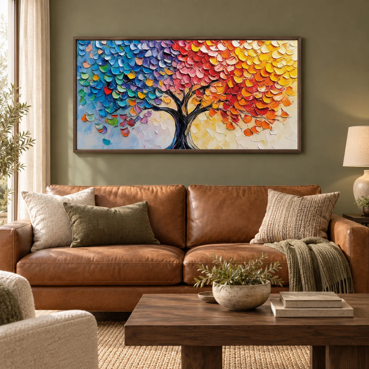 Rainbow Tree Abstract Painting MT#2635 — Dark Wood Frame existing room preview