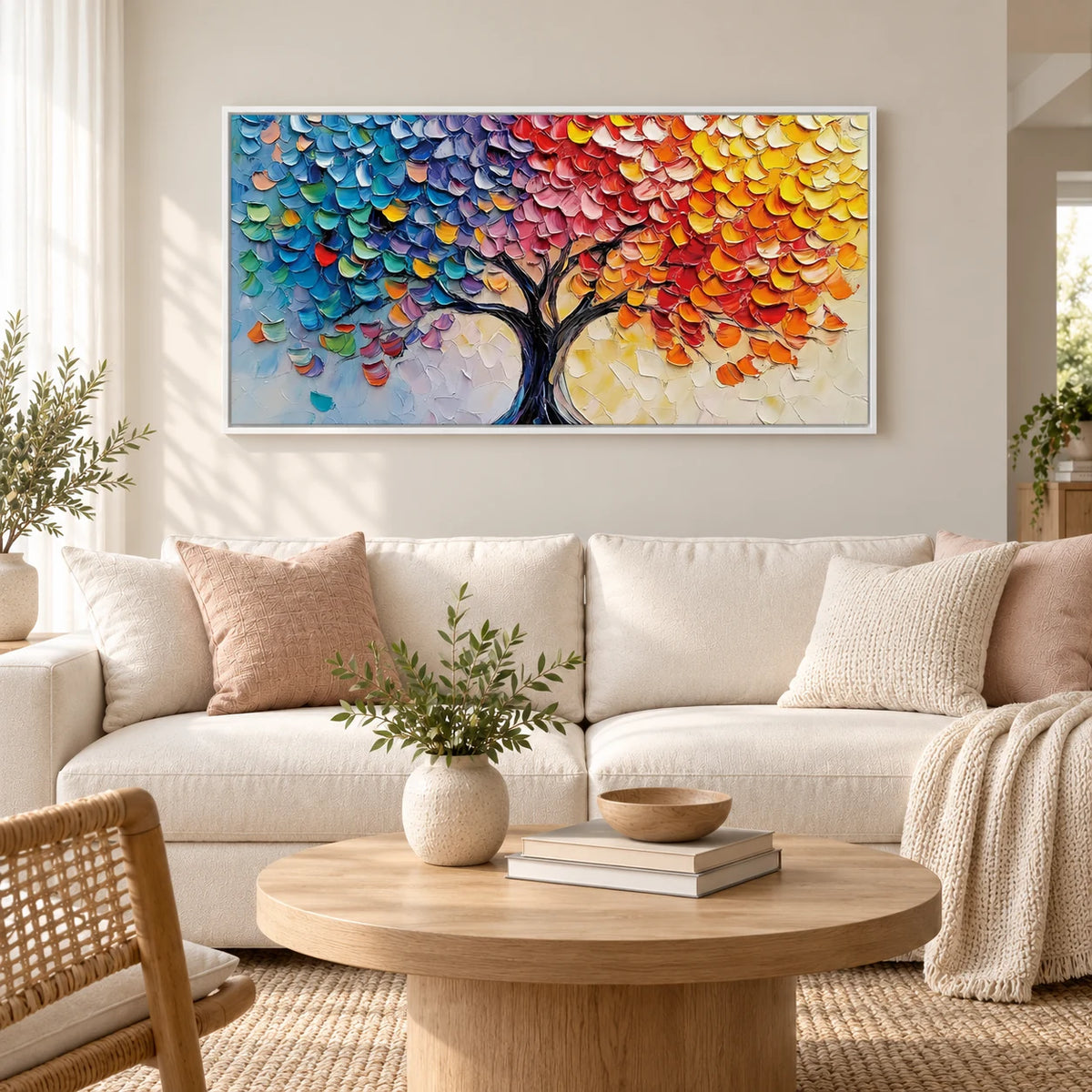 Rainbow Tree Abstract Painting MT#2635 — White Frame existing room preview