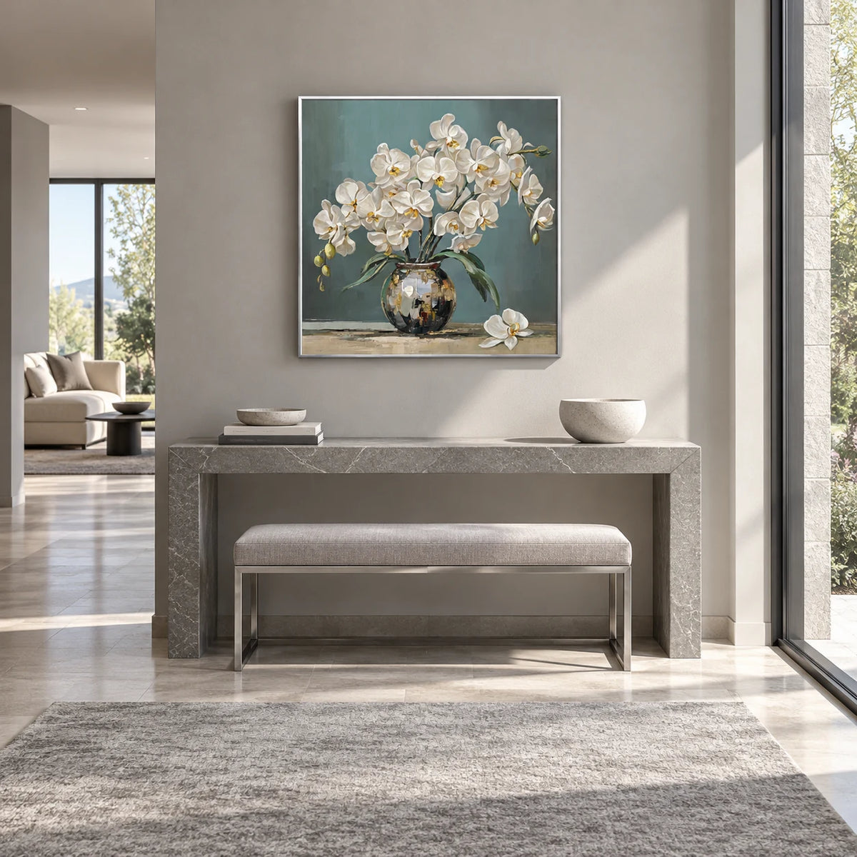 White Orchid Still Life Painting MT#2638 — Silver Frame existing room preview