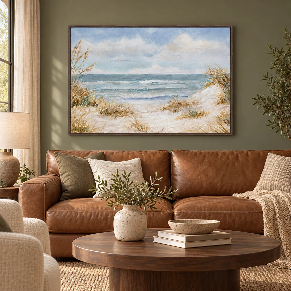 Calm Coastal Seascape Painting MT#2639 — Dark Wood Frame existing room preview